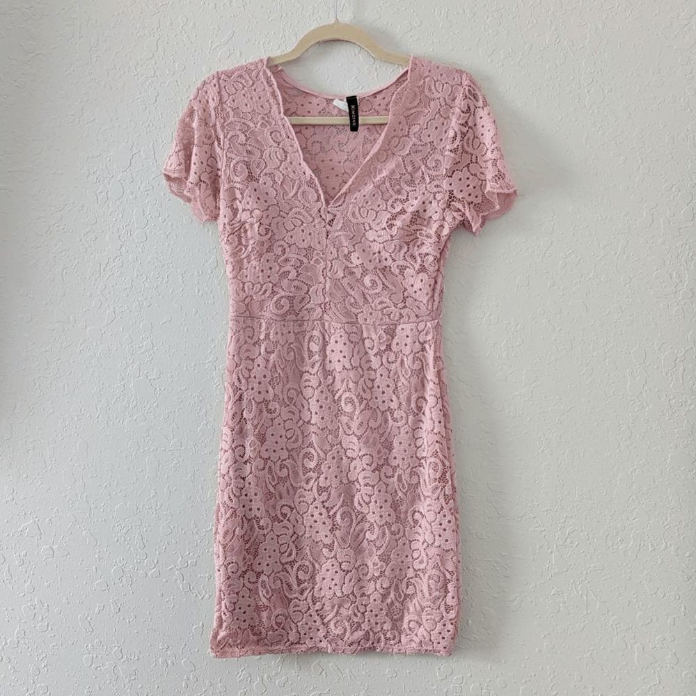 Women's Bodycon Mini Dress Lace Pink V Neck Short Sleeve Medium Floral Pattern